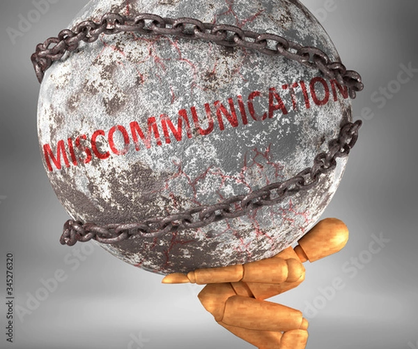 Fototapeta Miscommunication and hardship in life - pictured by word Miscommunication as a heavy weight on shoulders to symbolize Miscommunication as a burden, 3d illustration