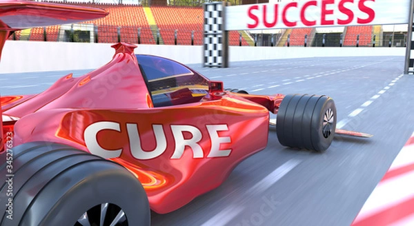 Fototapeta Cure and success - pictured as word Cure and a f1 car, to symbolize that Cure can help achieving success and prosperity in life and business, 3d illustration