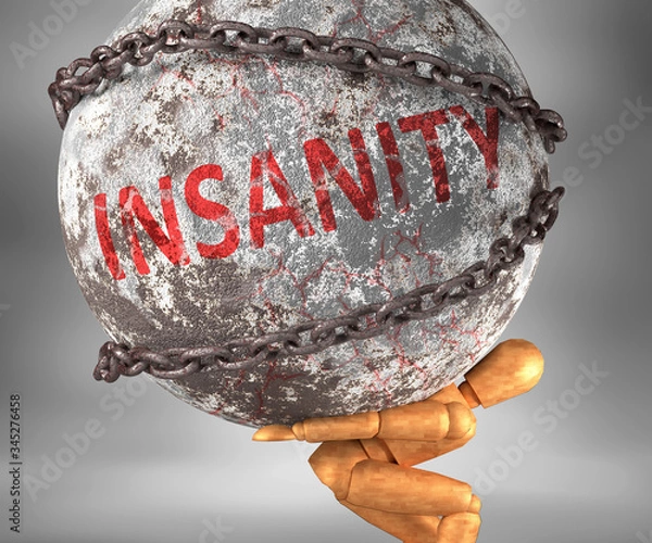 Fototapeta Insanity and hardship in life - pictured by word Insanity as a heavy weight on shoulders to symbolize Insanity as a burden, 3d illustration