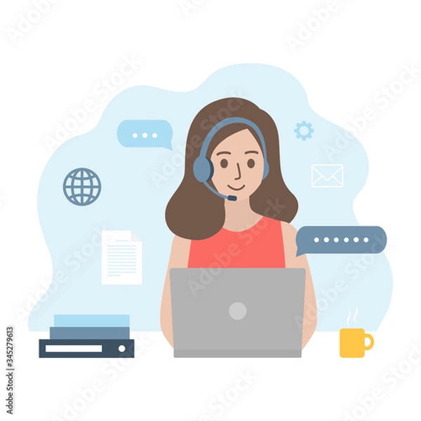Fototapeta Woman studying, working with laptop at home office, connecting online network during Coronavirus outbreak. Remote working, communication and business concept. Flat style vector illustration
