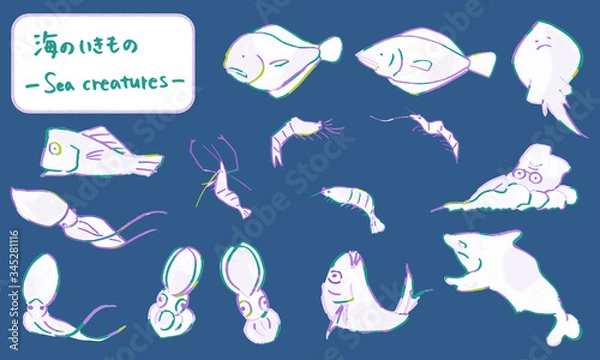Fototapeta 筆で描いた海の生き物たち、手描きの可愛い動物イラスト