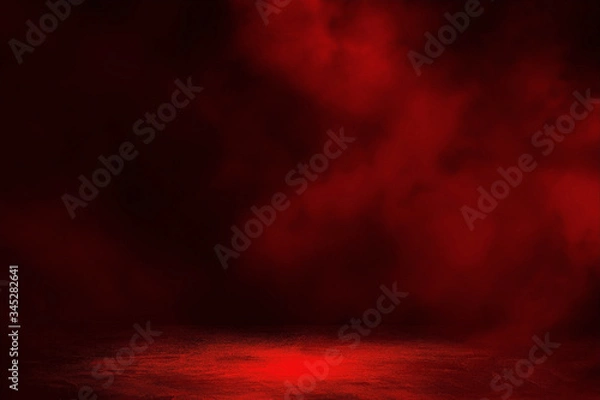 Fototapeta Empty space of Dark room concrete floor with fog and red lighting effect background.