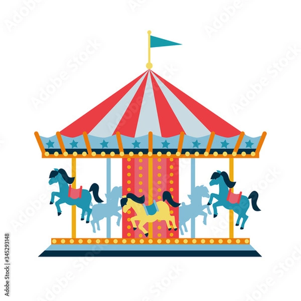 Fototapeta Carousel with horses or merry-go-round for children, amusement park, circus.  Flat style illustration isolated on white background. RGB