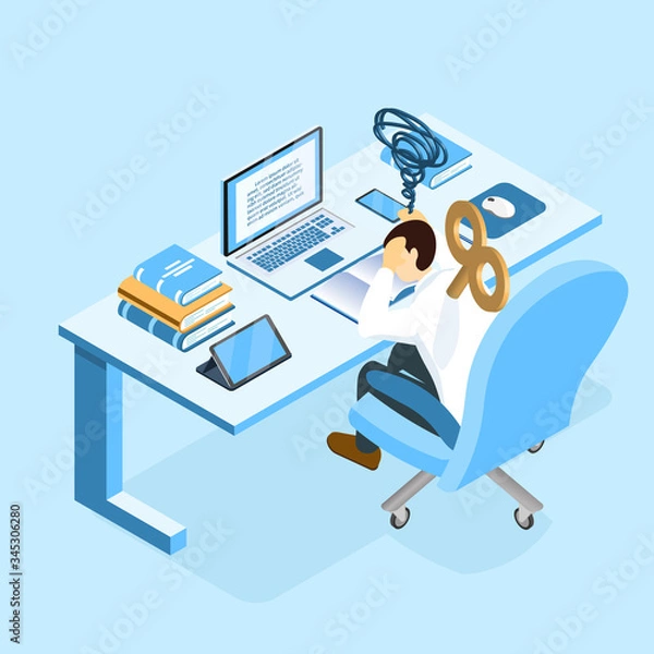 Fototapeta Isometric burnout concept, young man sitting at the table with wind-up key on back and feeling low energy, businessman or student burning brain form work or study.