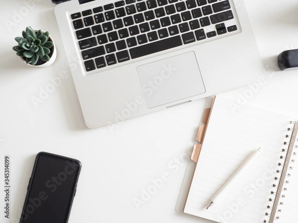 Fototapeta top view of office desk table with notebook, laptop, plastic plant, smartphone on white background, graphic designer, Creative Designer concept.