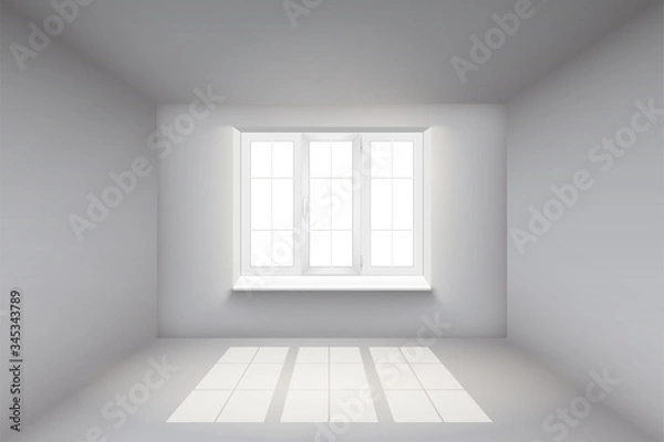 Fototapeta Empty room with white walls and window. Simple interior without furnish and furniture. Sunlight falls from the window to the floor. Imitation of three-dimensional space. Vector illustration.