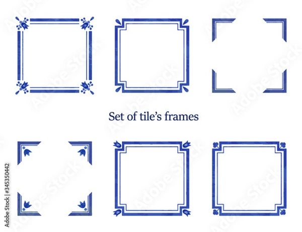 Fototapeta Set of watercolor blue frames. Ornaments for tiles