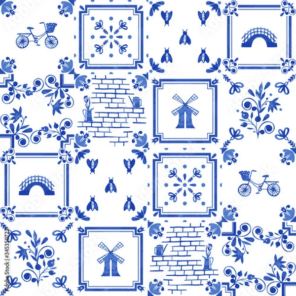 Fototapeta Watercolor seamless patterns with dutch ornaments. floral elements and decorations. Netherlands tiles 