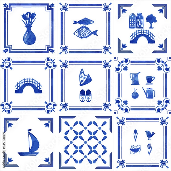 Fototapeta Watercolor seamless patterns with dutch ornaments. floral elements and decorations. Netherlands tiles 