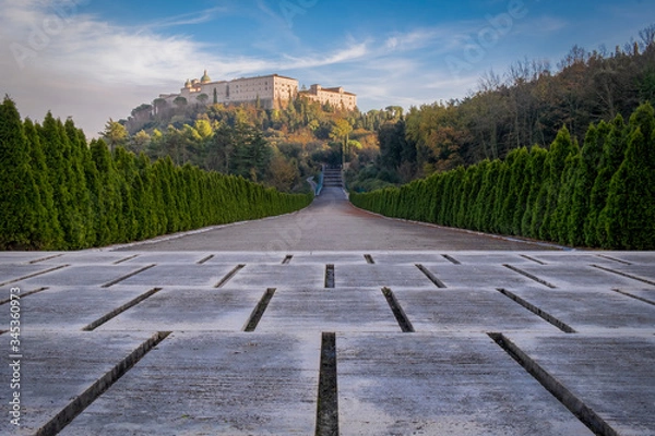 Fototapeta View of the ancient Montecassino Abbey from the underlying boulevard of the Polish War Cemetery, Lazio, Itay