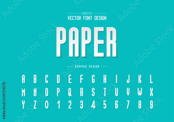 Obraz Paper cut font and alphabet vector design, Tall typeface letter and number, Graphic text on background