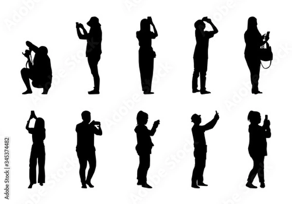 Fototapeta Tourist takeing photo silhouette set, People vector set on white background, Isolate different man and women illustration