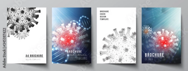 Fototapeta Vector layout of A4 cover mockups templates for brochure, flyer layout, booklet, cover design, book design. 3d medical background of corona virus. Covid 19, coronavirus infection. Virus concept.
