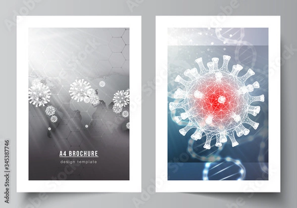 Fototapeta Vector layout of A4 cover mockups templates for brochure, flyer layout, booklet, cover design, book design. 3d medical background of corona virus. Covid 19, coronavirus infection. Virus concept.