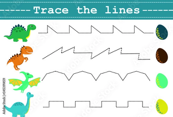 Fototapeta Trace line worksheet for kids with funny dinosaurus and eggs. Practicing fine motor skills. Educational game for preschool kids. Vector illustration.
