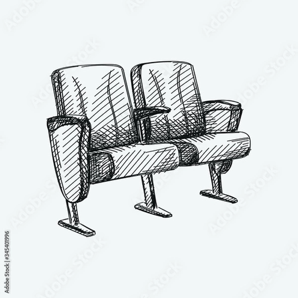 Fototapeta Hand-drawn sketch of two cinema seats on a white background. Going to the cinema. Watching a movie. 
