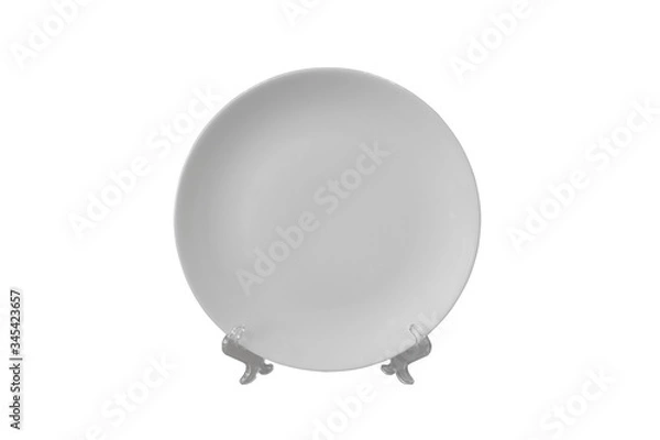 Obraz Sublimation white plate on a stand, mockup. Production of souvenirs, image transfer. Isolated background.