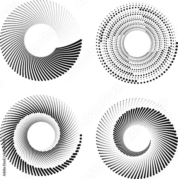 Fototapeta Set of black vector stripes in spiral form with halftone dots. Trendy design element for frame, logo, tattoo, sign, symbol, web, prints, posters, template, pattern and abstract background