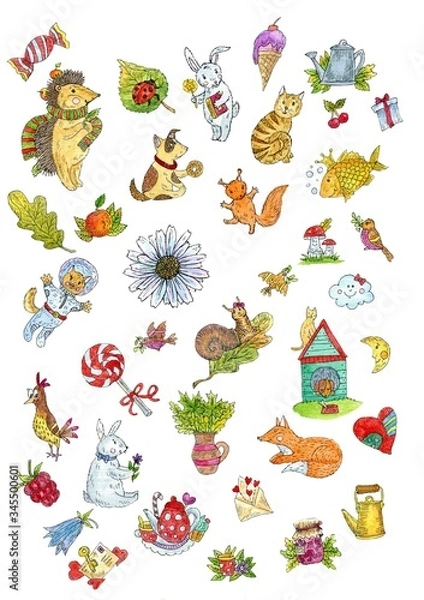 Obraz Set of animals. Bright watercolor and ink illustration isolated on white background. Cute illustration for the decor and design of posters, postcards, prints, stickers, invitations, textiles.