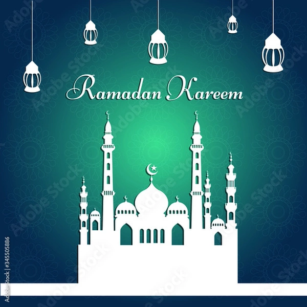 Obraz Ramadan kareem greeting Vector Illustration, with traditional lantern Light Lamps and Mosque