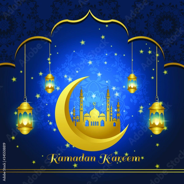 Obraz Ramadan kareem greeting Vector Illustration, with traditional Golden lantern Light Lamps, Moon and Mosque with Night blue Background