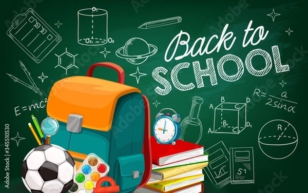 Obraz Back to School poster with sketch chalk lettering and drawing on green blackboard. Vector student supplies sport ball, books, pencil and pen, student bag. School time educational items in classroom