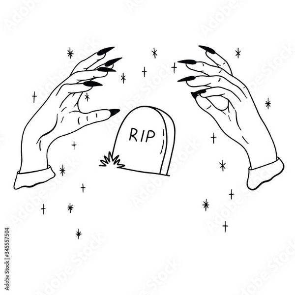 Fototapeta Vector black and white sketch of a witch's hand and a tombstone