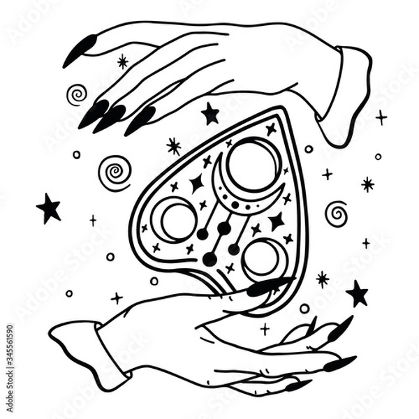 Fototapeta Vector black-and-white sketch of the witch's hand and the Ouija Board pointe