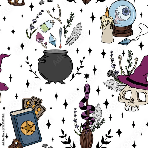 Fototapeta Colorful seamless pattern with magic and occult drawn symbols