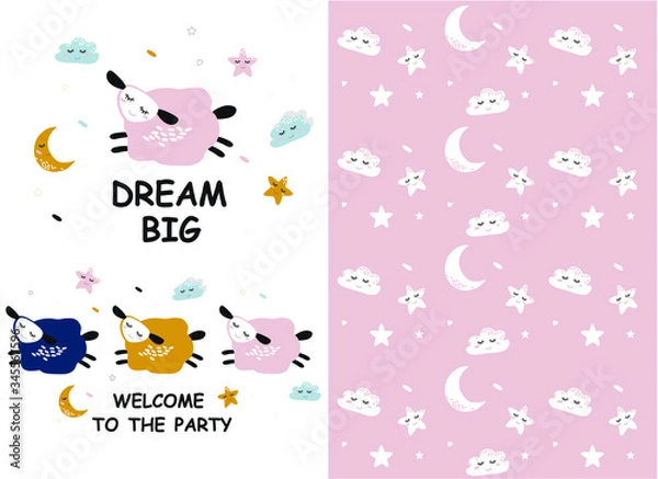 Fototapeta Vector  pattern with cute sheep moon clouds. Night nursery background. For children, clothes, fabrics, textiles, wrapping paper, wallpaper, scrapbooking, etc.