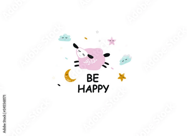 Fototapeta cute sheep, moon clouds. be happy. vector flat baby illustration