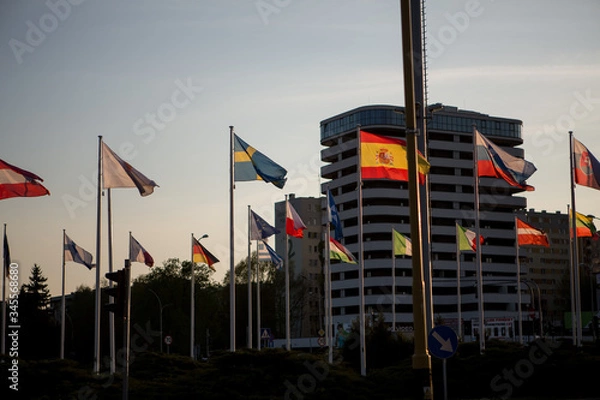 Obraz European countries flags with city background