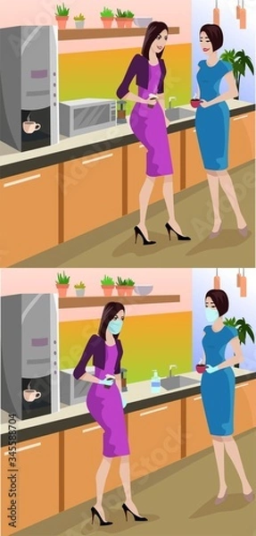 Fototapeta Office Kitchen Work during quarantine Business during quarantine Work after quarantine Business after quarantine Business Business People Drinking Coffee Vector illustration
