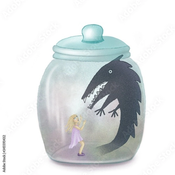 Obraz Digital illustration. Girl and shadow monster. Fears in a glass bottle.
