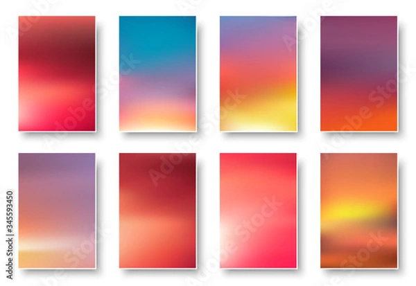Fototapeta Set of colorful sunset and sunrise paper cards. Blurred modern gradient mesh background.
