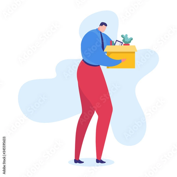Fototapeta Work problem vector illustration. Cartoon flat sad manager character leaving office with box of things, employee dismissed by boss for bad job, professional career fail concept isolated on white