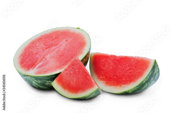 Fototapeta watermelon ripe cut half and slice isolated on white background  with clipping path