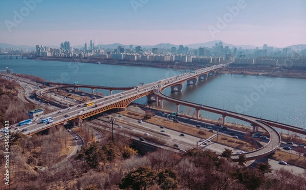Obraz Aerial view of highway, river and skyscrapers in Seoul
