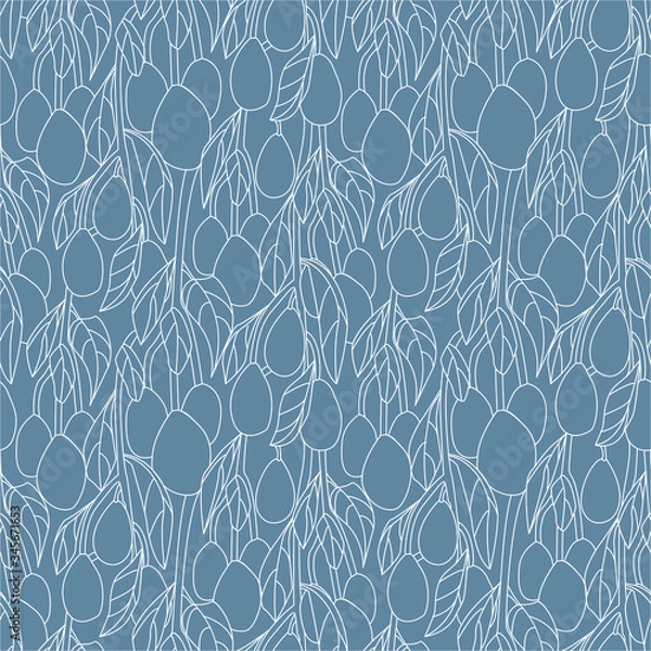 Obraz Vector seamless pattern with branches with avocado on blue background on doodle linear style. Modern minimalistic botanical pattern. Texture with white linear branches of avocado tree with leaves.