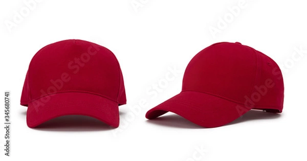Obraz Red baseball cap isolated on white background. Front and side view