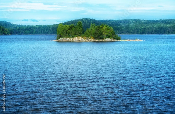 Obraz island with a rocky shore and growing trees.