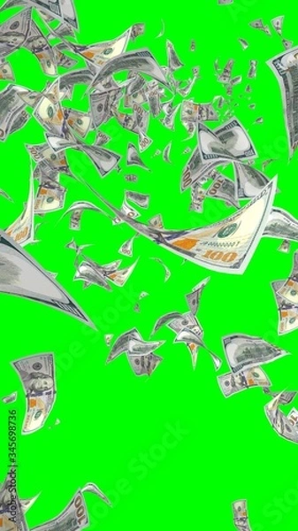 Fototapeta Flying dollars banknotes isolated on chromakey. Money is flying in the air. 100 US banknotes new sample. Vertical orientation. 3D illustration
