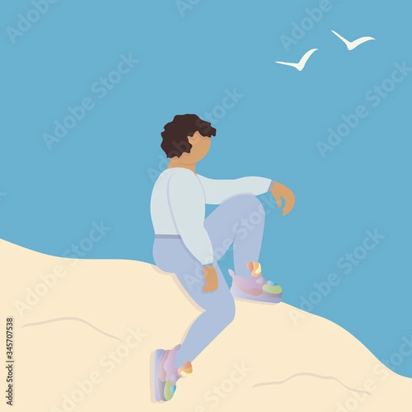 Fototapeta Girl on the mountain. Climbing to top of rock. View from mountain peak. White seagulls. Dangerous sport. Mountaineering. Girl in sportswear and sneakers resting after dangerous mountain climb. Vector.