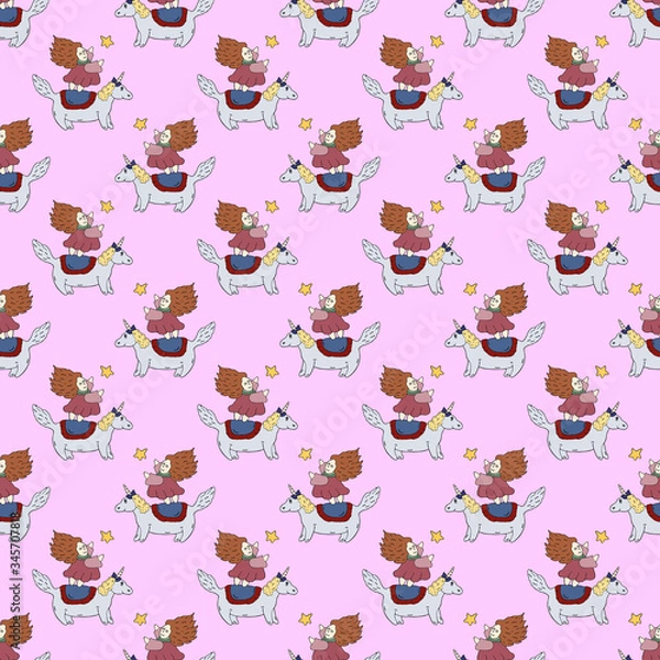 Fototapeta Seamless pattern cute little princess reaches for a shooting star, standing on back of unicorn. Magic and dream. Vector hand drawn illustration. Great design for kids room, wrapping, postcard, fabric.