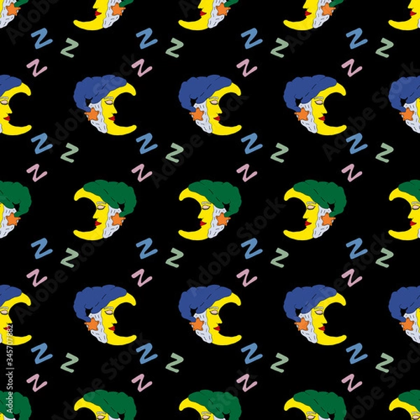 Fototapeta Seamless pattern beautiful moon (crescent) in nightcap sleeps in dark sky. Snoring zzz. Vector hand drawn illustration. Good night. Great design for kids room, wrapping paper, postcard, fabric.