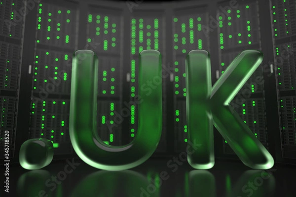 Fototapeta British domain .uk on server room background. Internet in the UK related conceptual 3D rendering