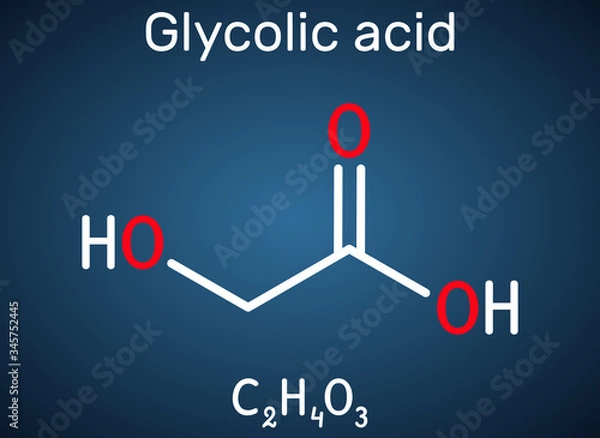 Fototapeta Glycolic acid, hydroacetic or hydroxyacetic acid, C2H4O3 molecule. It is alpha-hydroxy acid, AHA.  Structural chemical formula on the dark blue background