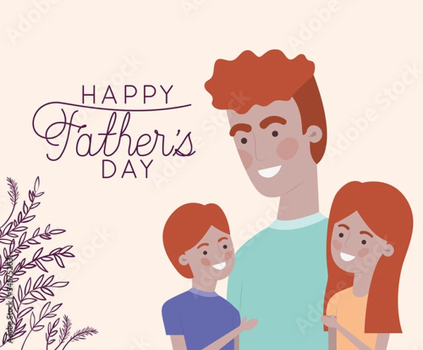 Fototapeta Happy fathers day text man son daughter cartoon and leaves vector design