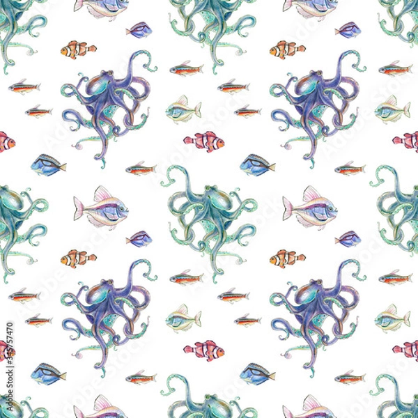 Fototapeta seamless pattern - octopus and tropical fish