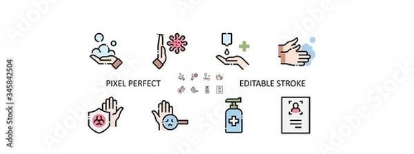 Obraz Washing Hands Filled Outline Icons. Colorful Linear Set Vector Line Icon. Washing Instruction, Antiseptic, Soap and more. 64x64 Pixel Perfect. Editable Stroke